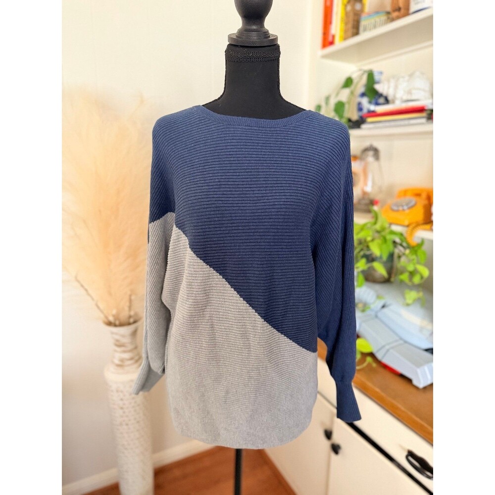 Vince Camuto Asymmetric Colorblock Blue Grey Knit Sweater Oversized Dolman M